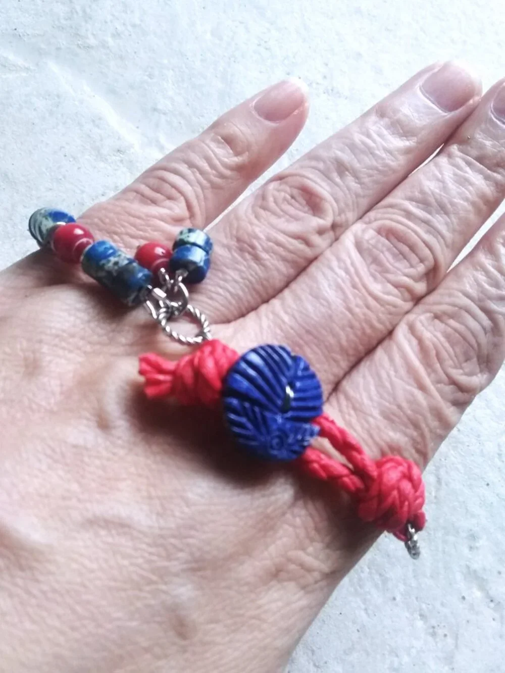 Handmade! Button & Loop Bracelet ~ Genuine Red Coral & Blue Sea Sediment Jasper